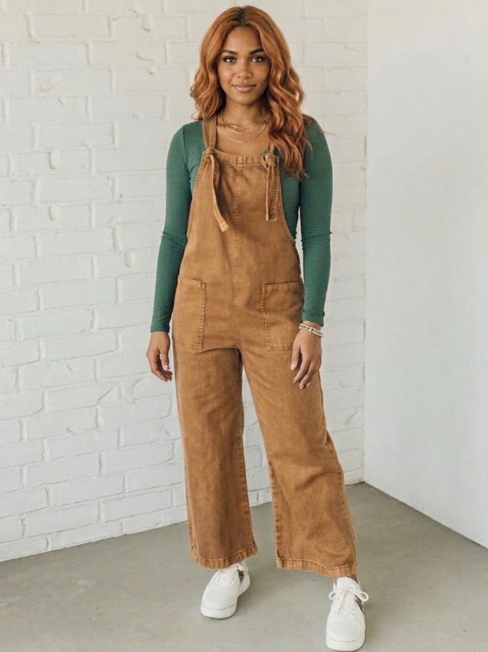 NWT Zenana Medium Washed Brown Knot Strap Relaxed Fit Wide Legs Overalls